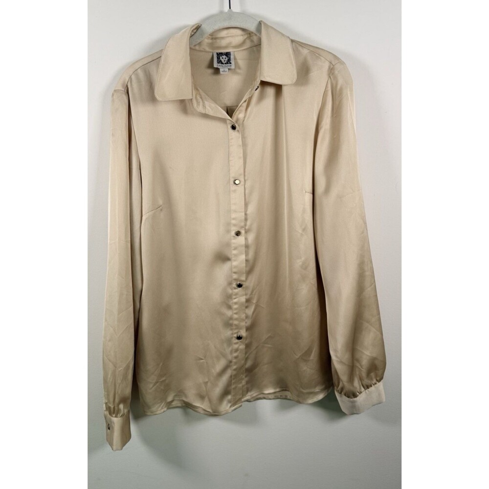 Anne Klein Womens Beige Satin Collared Button Front Long Sleeve Top Size 12